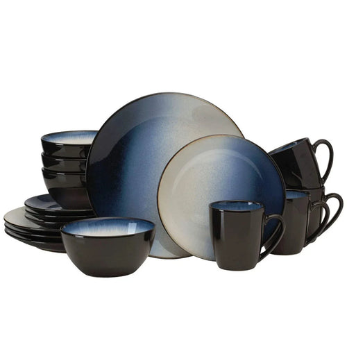 16-Piece Asher Blue Dinnerware Set, Stoneware Service for 4, Microwave Safe