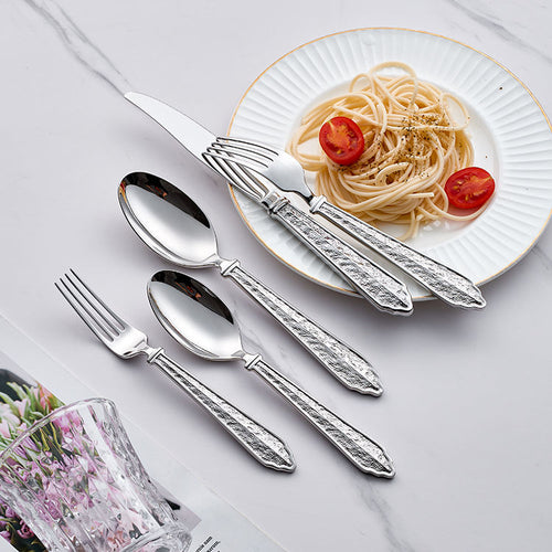 24-Piece Hammered Stainless Steel Flatware Set with Stone-Look Handles, Modern Tableware for Home & Parties
